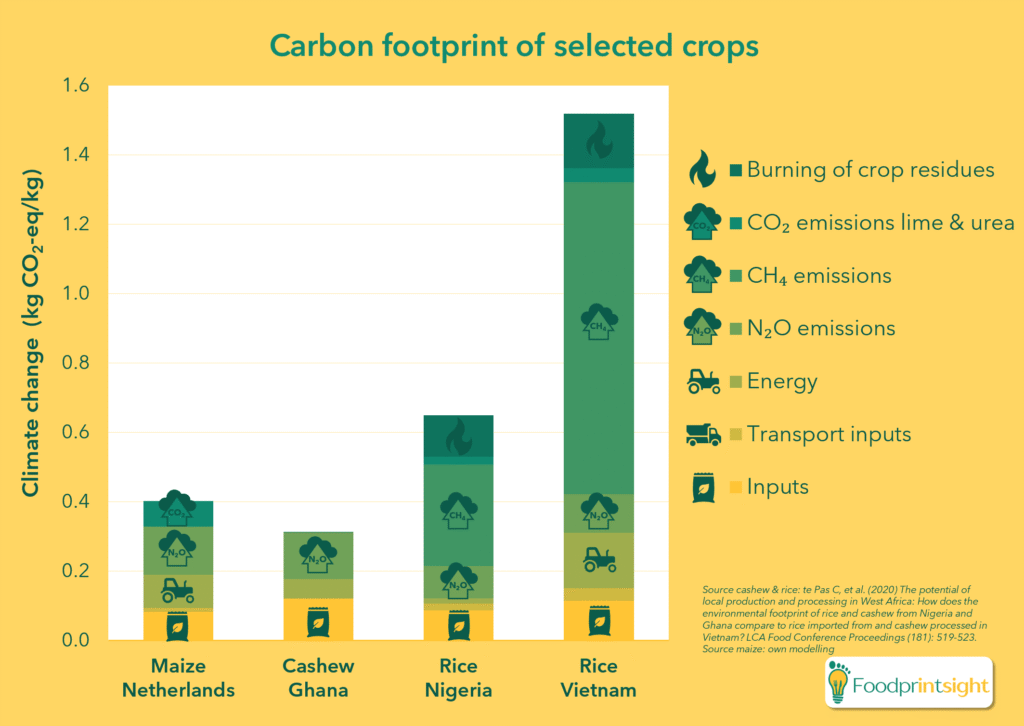 Carbon footprint (climate change impact or greenhouse gas emissions) for a selection of crops, calculated through life cycle assessment (LCA) / environmental footprinting. Contribution analysis.
